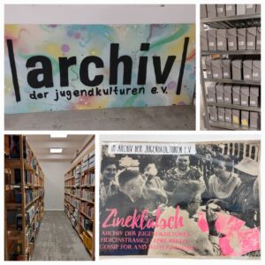 Collagefoto: Besprühte Platte mit Archiv der Jugendkulturen e.V., Regal mit beschrifteten Schubern, lange Regalreihe mit Büchern, Zineklatschplakat mit älteren Herrschaften