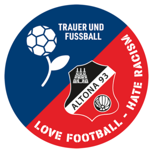 Sticker in blau-rot mit Logo von Trauer und Fußball mit Fußballblume und Logo von Altona 93 in schwarz-weiß-rot mit dem Spruch "Love Football-Hate Racism"